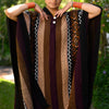 Llama Wool Unisex South American Handwoven Hooded Poncho - khaki/lilac stripes with diamonds pattern