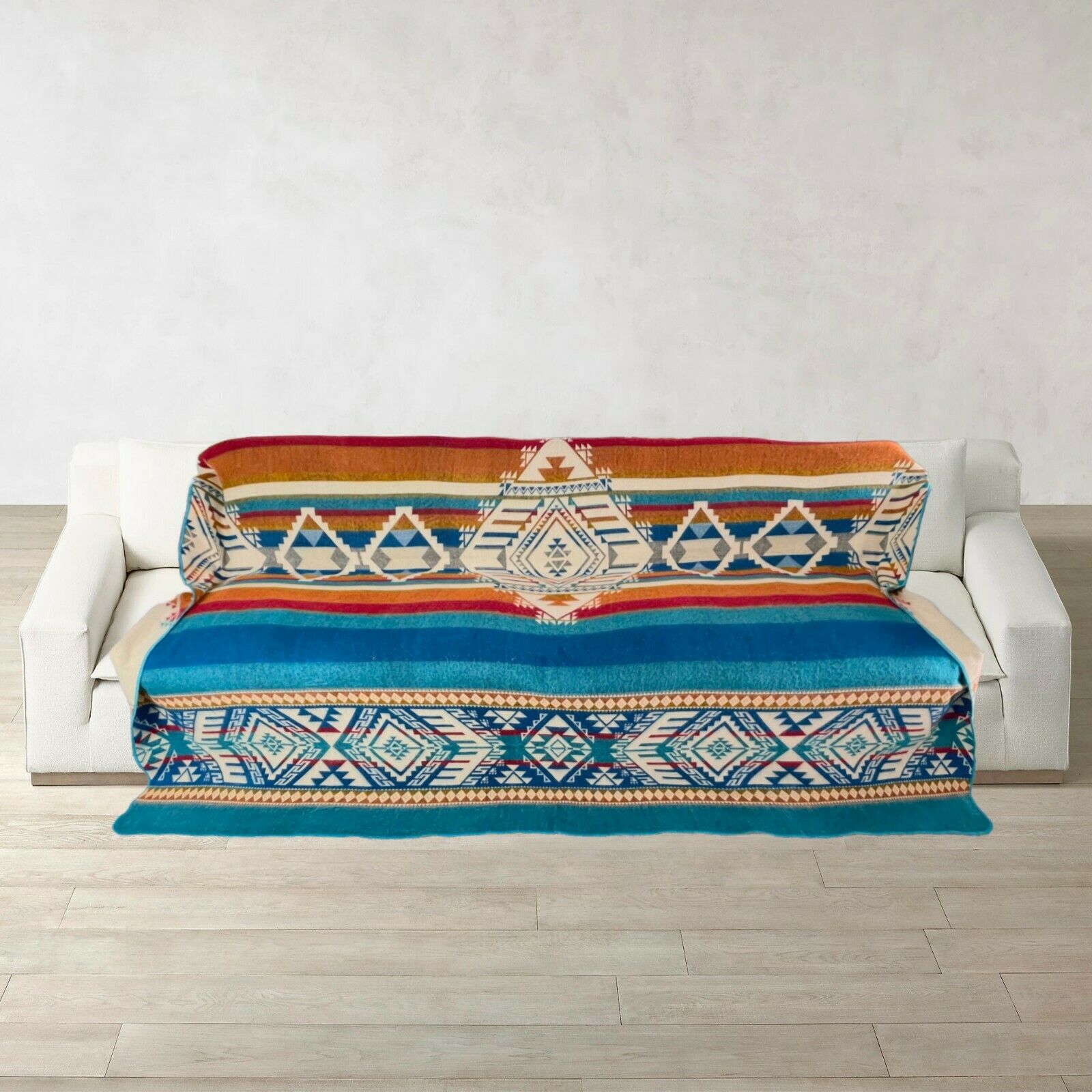 Quilotoa - Baby Alpaca Blanket - Extra Large - Reversible Aztec Pattern - turquoise-blue-cream
