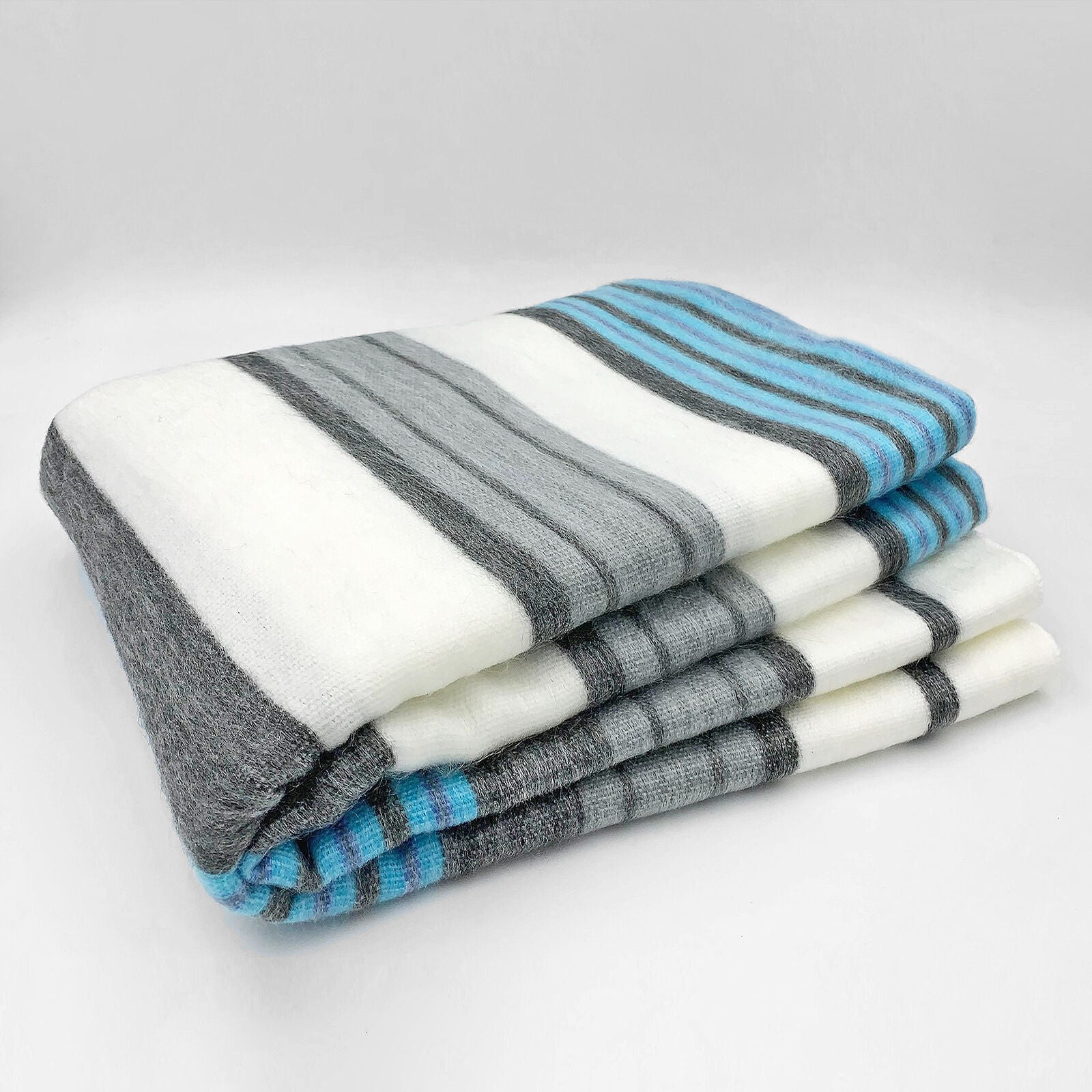Aychapicho - Baby Alpaca Wool Throw Blanket / Sofa Cover - Queen 90" x 65" - striped pattern white/cyan/gray