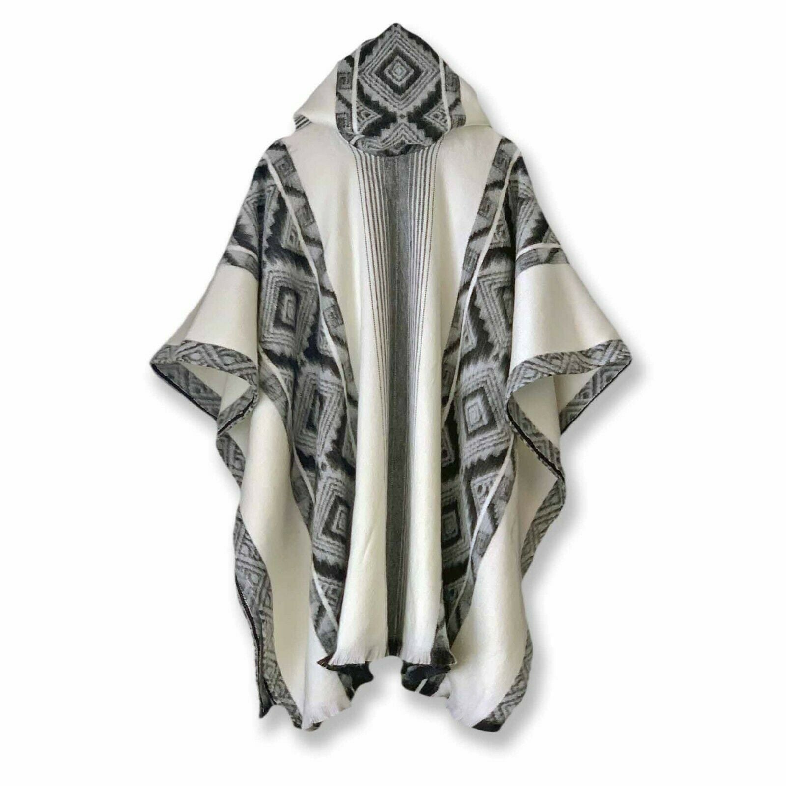 Gualaceo - Lightweight Baby Alpaca Hooded Poncho - White With Diamonds Pattern - Unisex