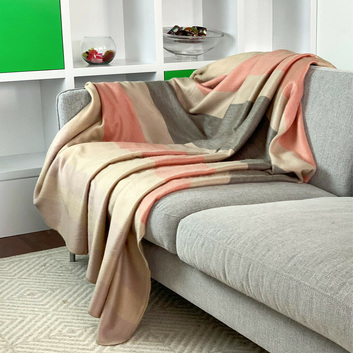 Soft Alpaca Llama Wool Blend Throw Blanket - Queen Size 100"x67" Ecru Coral Striped