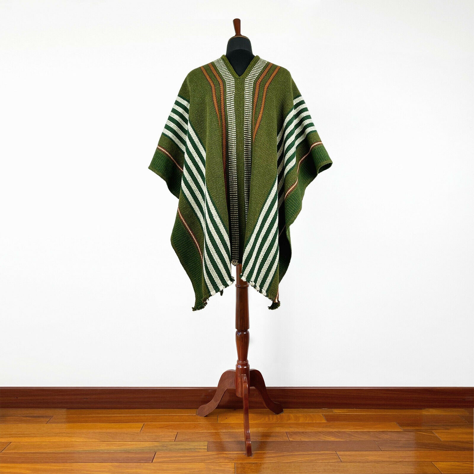 Pangui - Llama Wool Unisex South American Handwoven Thick Serape Poncho - striped - olive green