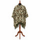 Camo alpaca wool poncho – front view on a wooden mannequin stand: hooded poncho in olive green, brown and sand camouflage with olive fringe, white background