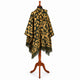Gold and olive camo alpaca wool poncho – rear three-quarter view on a mannequin with the hood down the back