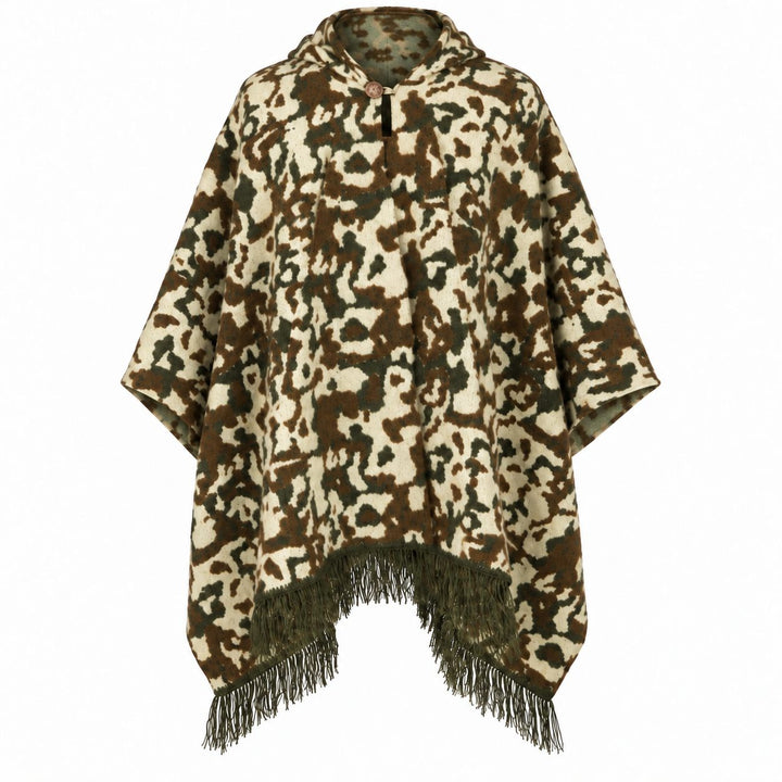 Camo alpaca wool poncho – front view of the hooded poncho in olive, brown and sand camouflage with button neck and fringed hem, on a white background