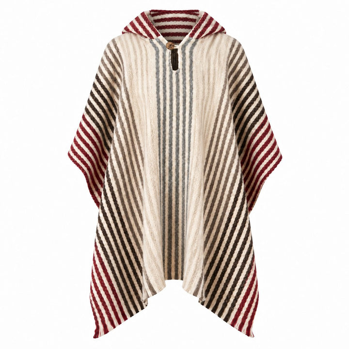 Rasu llama wool hooded poncho in cream with burgundy and charcoal stripes, studio front view