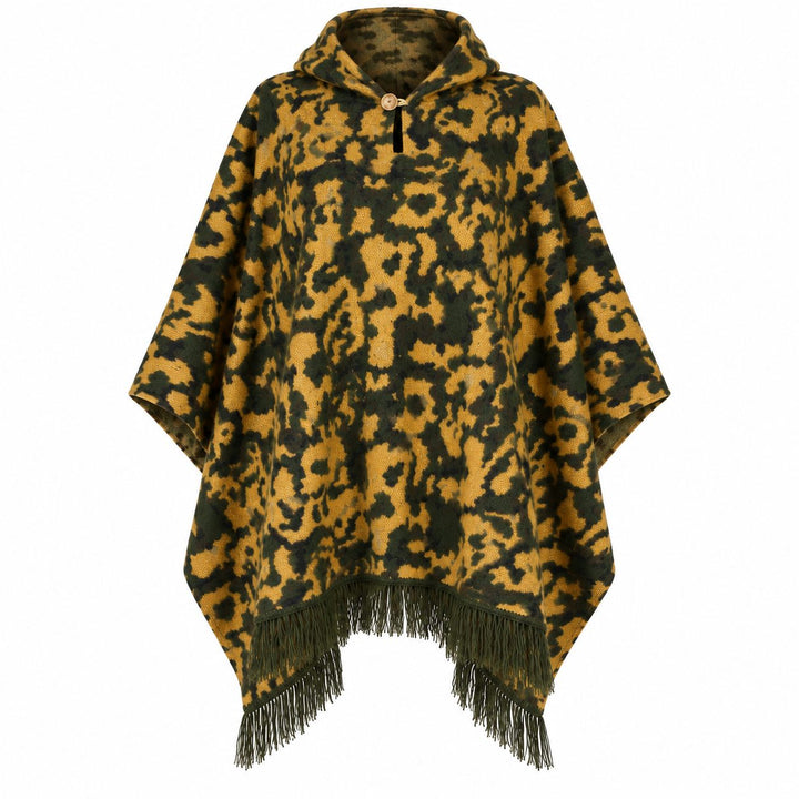 Gold and olive camo alpaca wool poncho – front view of the hooded poncho in mustard gold with forest-olive and black camouflage, button neck and fringed hem, on a white background
