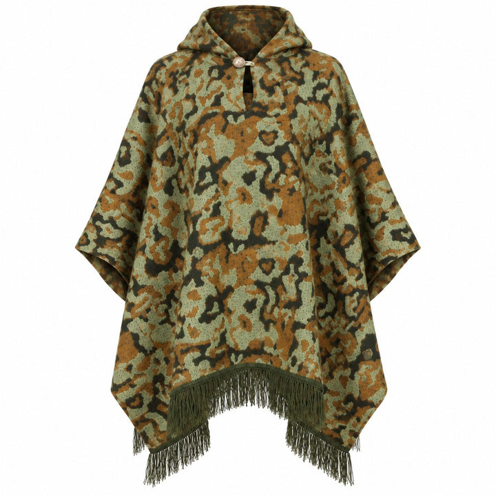 Sage and rust camo alpaca wool poncho – front view of the hooded poncho with button neck and fringed hem, on a white background