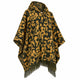 Gold and olive camo alpaca wool poncho – three-quarter view showing its wide drape and dark olive fringe, on a white background