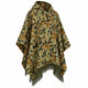 Sage and rust camo alpaca wool poncho – three-quarter view showing its wide drape and fringed hem, on a white background