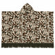Camo alpaca wool poncho – laid flat showing the full rectangle, hood and olive fringe along the hem