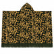 Gold and olive camo alpaca wool poncho – laid flat showing the full rectangle, hood and olive fringe