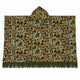 Sage and rust camo alpaca wool poncho – laid flat showing the full rectangle, hood and olive fringe