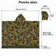 Sage and rust camo alpaca wool poncho – size guide: 140 cm / 55.1 in wide, body length 92 cm / 36.2 in, fringe 8 cm / 3.1 in, hood 28 x 35 cm / 11.0 x 13.8 in