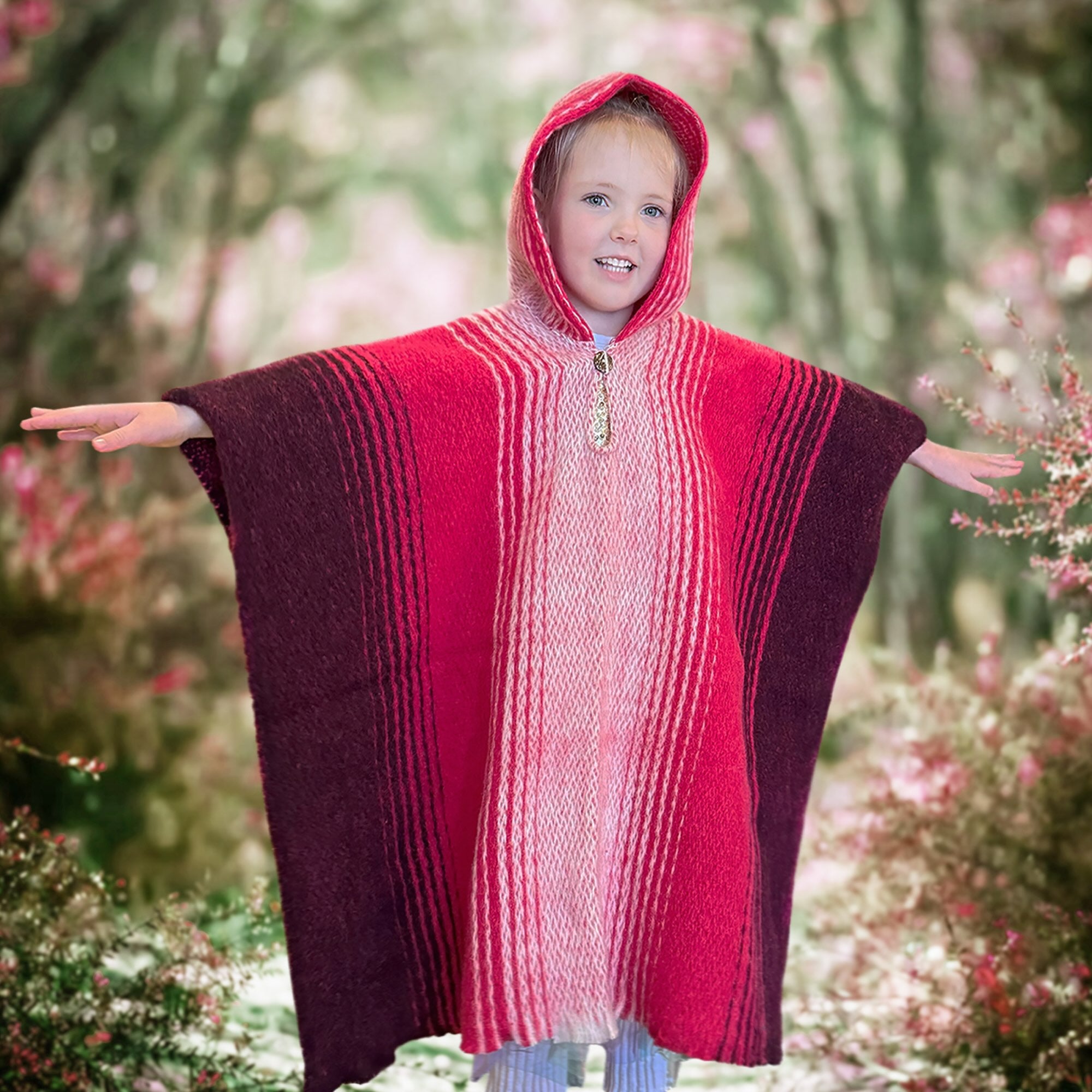 Kullki - Llama Wool Unisex South American Handwoven Kids Poncho Pullover - Red/Purple