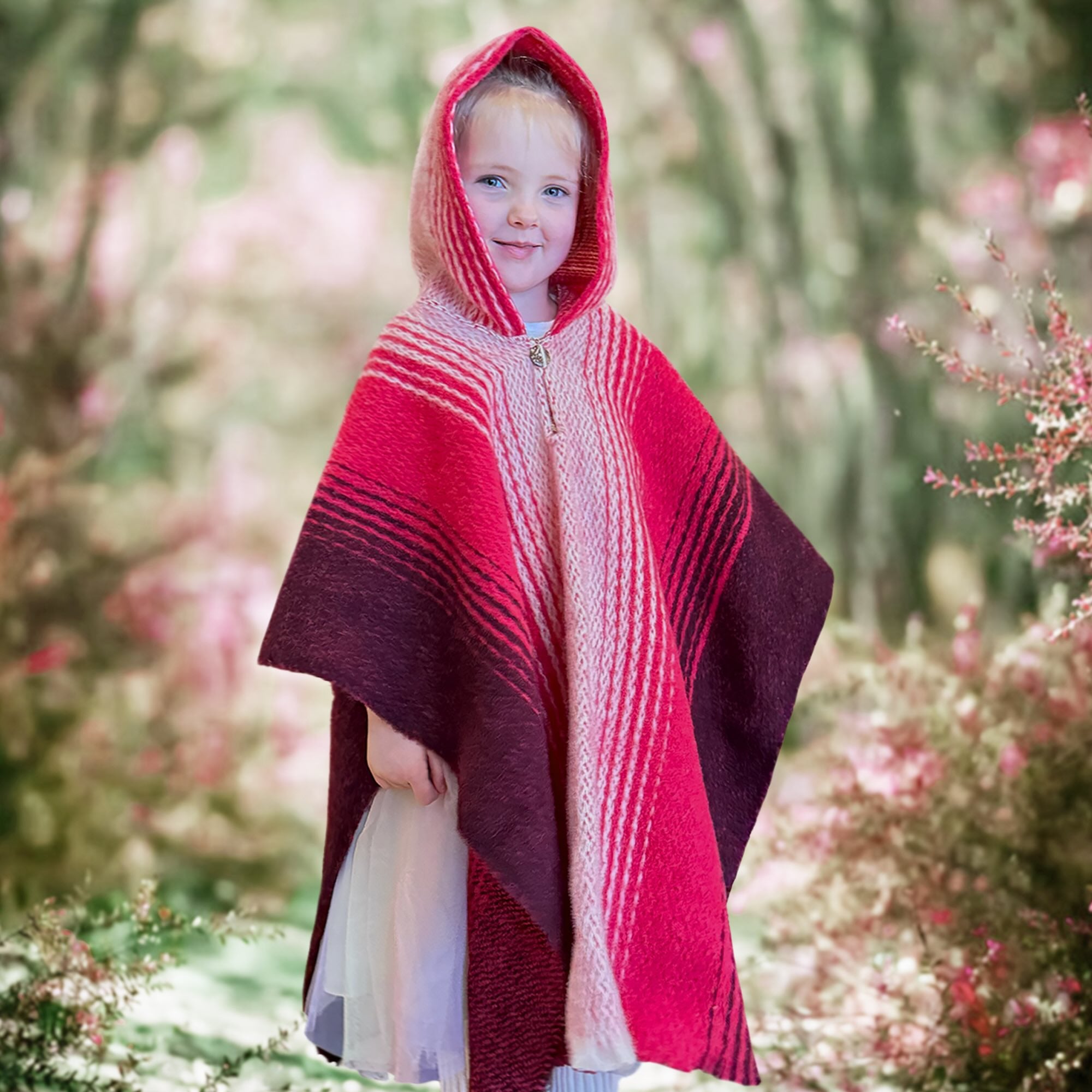 Kullki - Llama Wool Unisex South American Handwoven Kids Poncho Pullover - Red/Purple