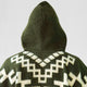 Clint Eastwood alpaca wool poncho – a dark green hooded poncho with intricate white geometric patterns is displayed against a plain background, highlighting the design on the back