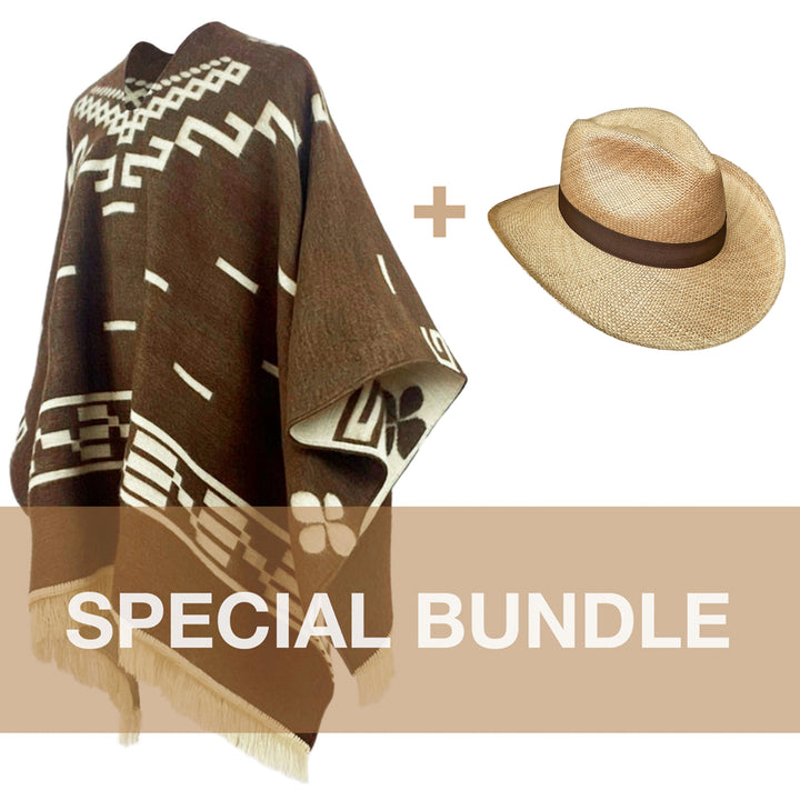Poncho hangs in foreground, adorned with geometric patterns; a straw hat is placed beside it. Both items form a SPECIAL BUNDLE against a plain, white background.