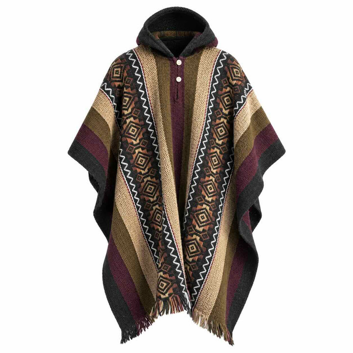 Paqari - Llama Wool Unisex South American Handwoven Hooded Poncho - Khaki/Lilac Stripes with Diamonds