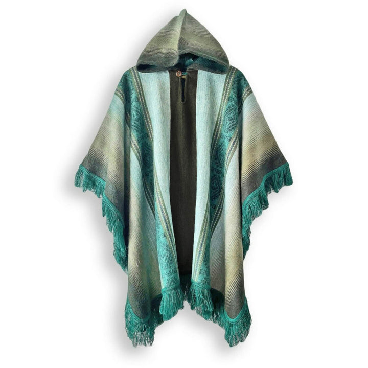 Tisaleo - Lightweight Baby Alpaca Fringed Hooded Poncho - Green - Unisex