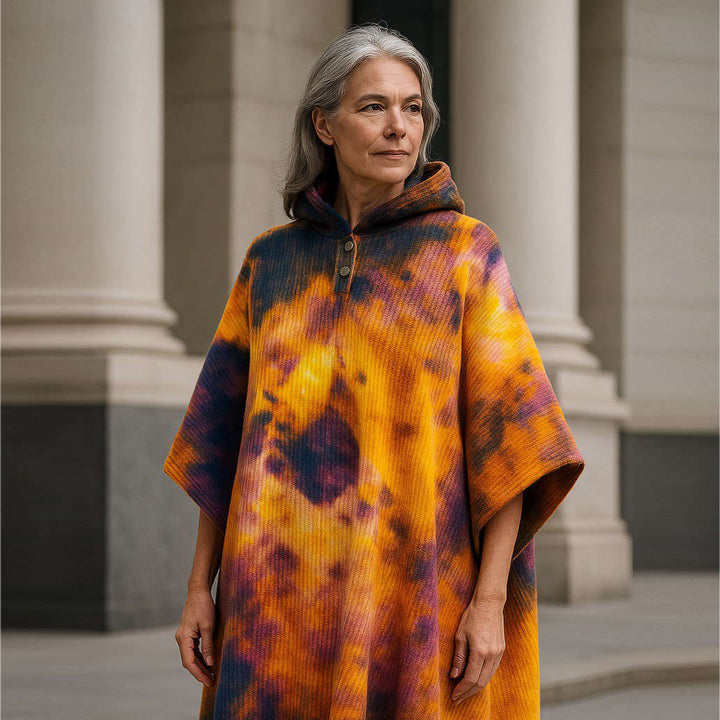 Llamacanche - 100% Llama Wool Unisex South American Handwoven Hooded Poncho - blue/violet/yellow abstract pattern