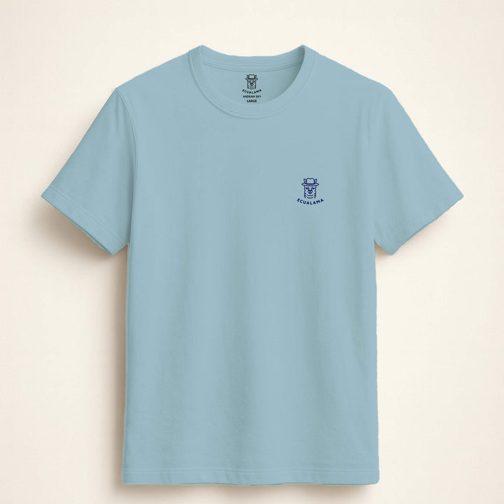 Light blue t-shirt with an logo on a beige background