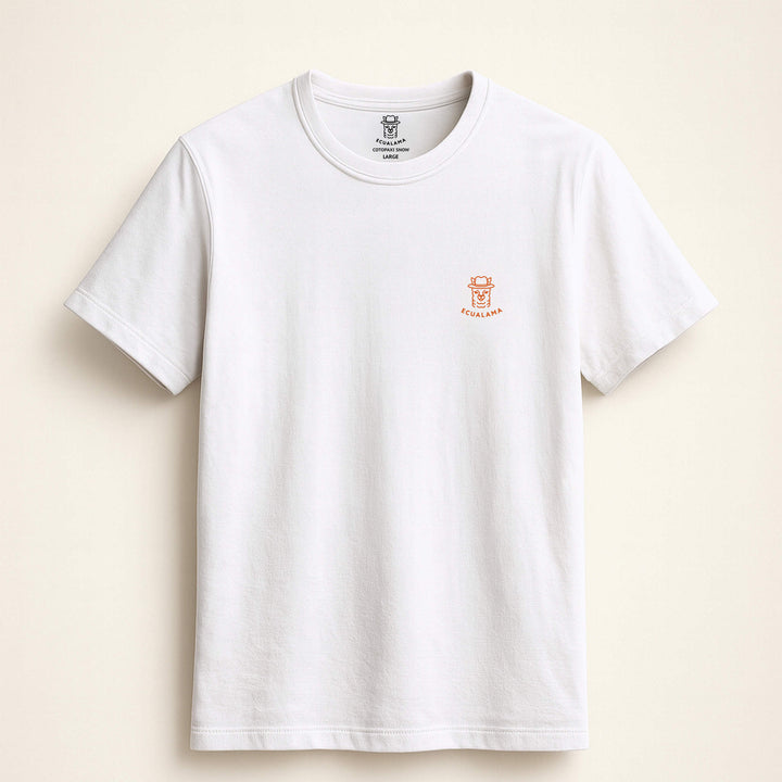100% organic cotton premium unisex t-shirt, soft cotton blend, fair trade inspired, white with logo, front view