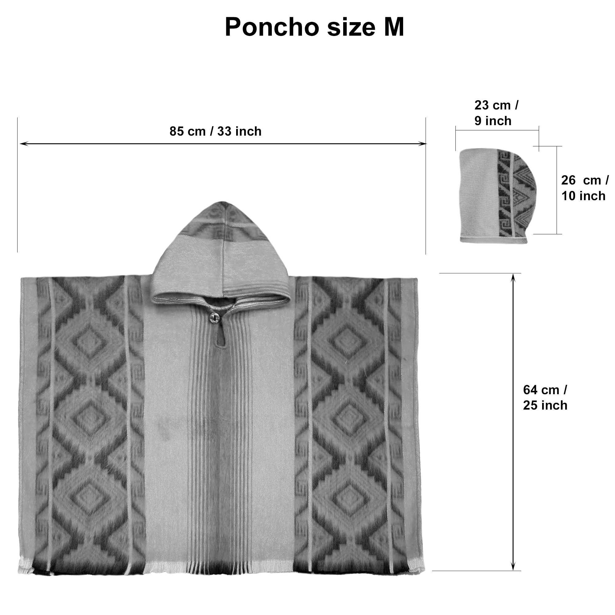 Poncho with a hood is displayed flat, featuring geometric patterns. Measurements are 85 cm/33 inches wide, 64 cm/25 inches long, hood 23 cm/9 inches wide, 26 cm/10 inches long. Text: Poncho size M.