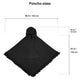 A dark poncho with a hood and front pocket lies flat, surrounded by size measurements: 48 inches (122 cm) wide, 43 inches (110 cm) long, and 36 cm (14 inches) hood depth.