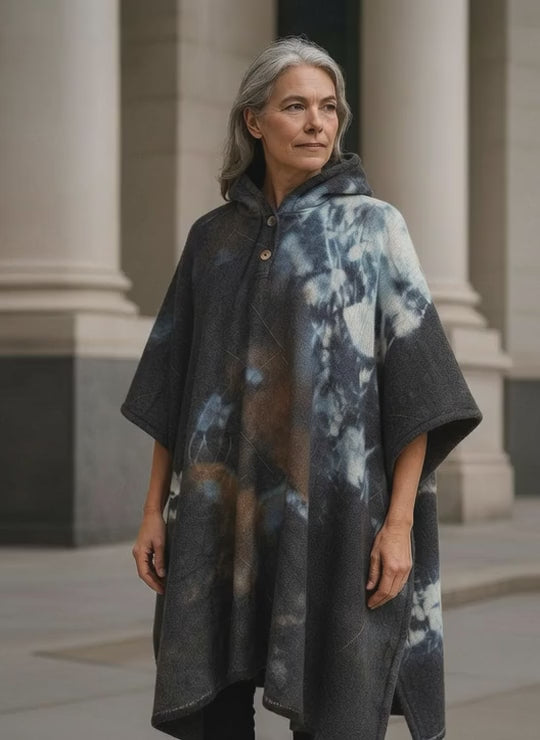 Lubushcu - Llama Wool Unisex South American Handwoven Hooded Poncho - smoke camo abstract pattern