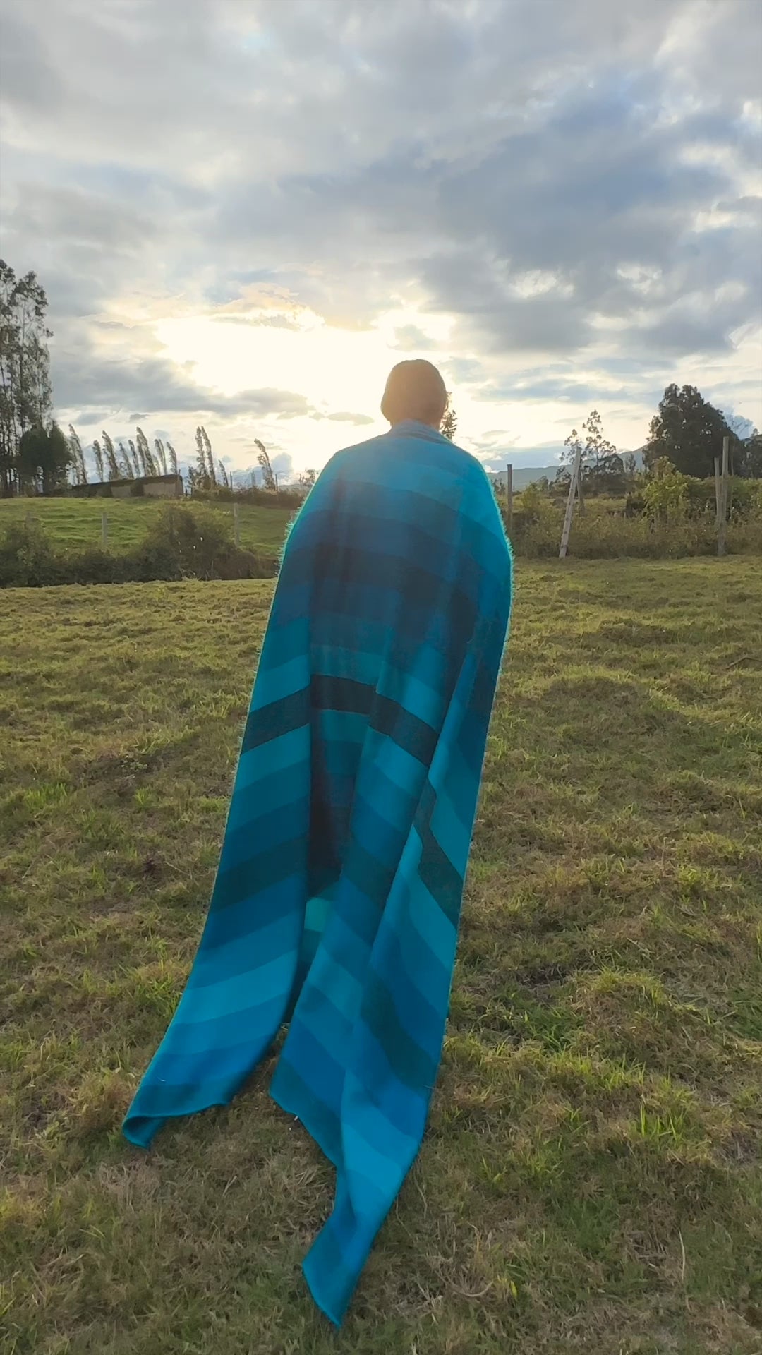 Cajabamba - Baby Alpaca Wool Throw Blanket / Sofa Cover - Queen 90 x 65 - thick stripes pattern blue-turquoise