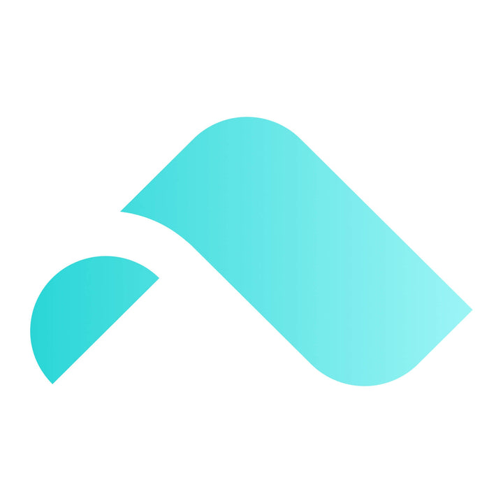 A teal abstract shape, resembling a stylized mountain, rests against a white background. The design includes a large curved section and a smaller, semicircular segment.