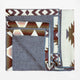 A folded wool blanket displays a geometric pattern with triangles and diamond shapes in brown, white, and blue hues. It’s placed against a plain white background.