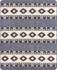 A fabric features alternating horizontal bands of intricate, geometric patterns in shades of brown and cream on a grayish background. The patterns include diamond and zigzag motifs, creating a rhythmic, symmetrical design.