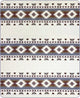 A geometric-patterned rug features rows of diamond shapes and triangles in earthy tones, arranged horizontally. The background is a neutral color, creating a Southwest-inspired design.