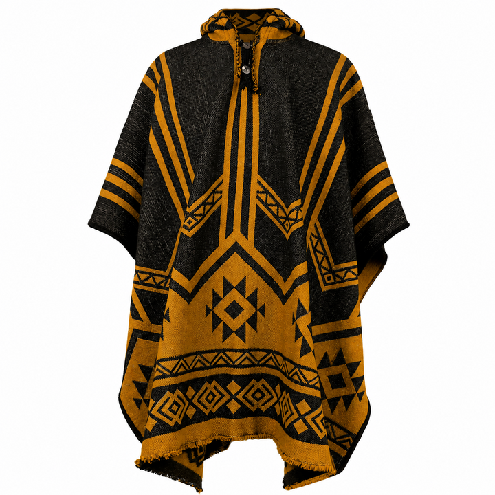 Pomasqui - Llama Wool Unisex South American Handwoven Thick Hooded Poncho - Andean pattern - charcoal-mustard colours