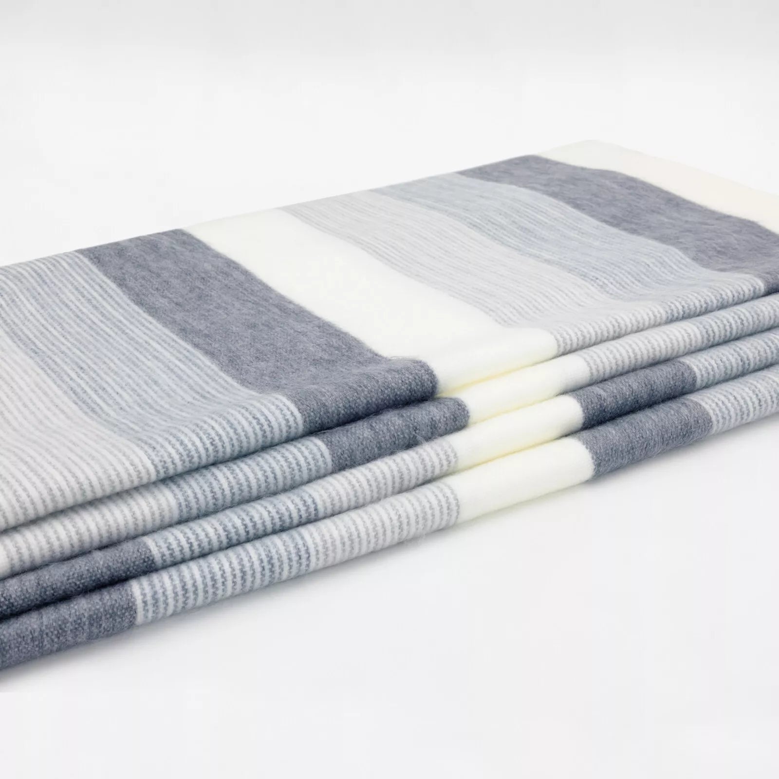 Cayambe - Fine Alpaca Wool Throw Blanket / Sofa Cover - Queen 95 x 65 in -Serene Stripes in White & Shades of Gray