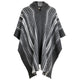 A gray poncho with white and black striped patterns is hanging. It has a hood and is secured with a single wooden button, displayed against a plain white background.