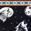 Wolves, howling, with full moon backdrop; black sky dotted with stars. Top features a colorful geometric patterned border in shades of blue, red, and yellow.