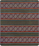 A woven fabric features repeating horizontal diamond patterns in black, white, and red on a green background, alternating with plain green stripes, creating a geometric design.