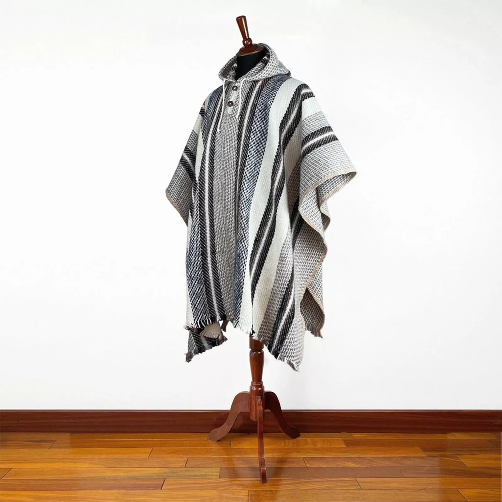 Llama Wool Unisex South American Handwoven Hooded Poncho - XL - striped pattern
