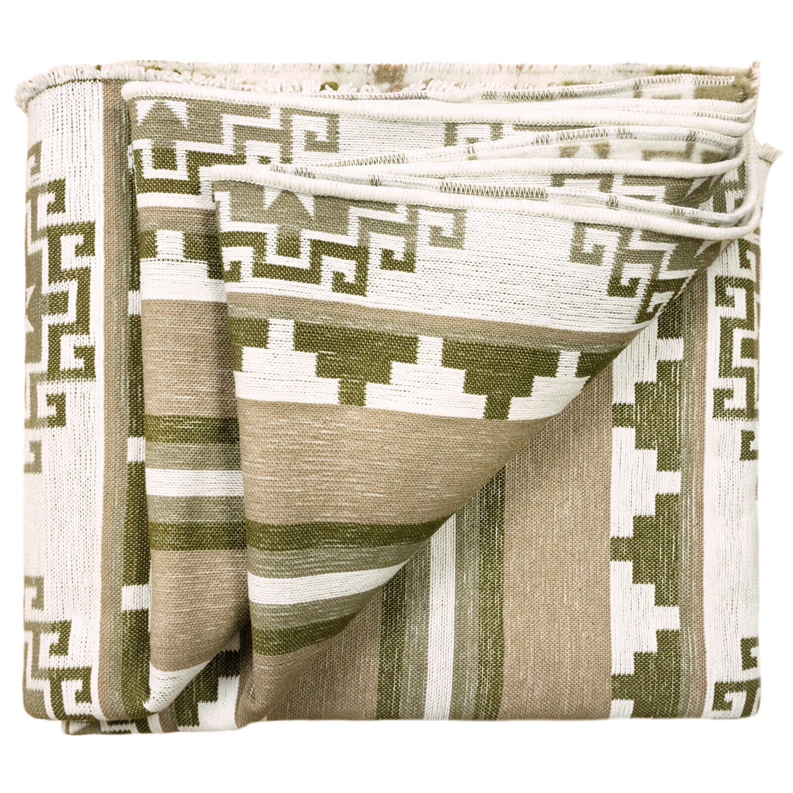 Dayuma - Heavy and Thick Extra Large Llama wool artisanal handwoven Blanket - Cream/Sage - Aztec Pattern