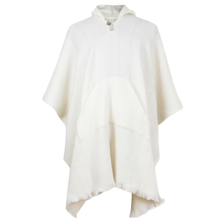A white woolen poncho is displayed, featuring a hood and front button fastening, with a large central pocket. The garment hangs against a plain white background.
