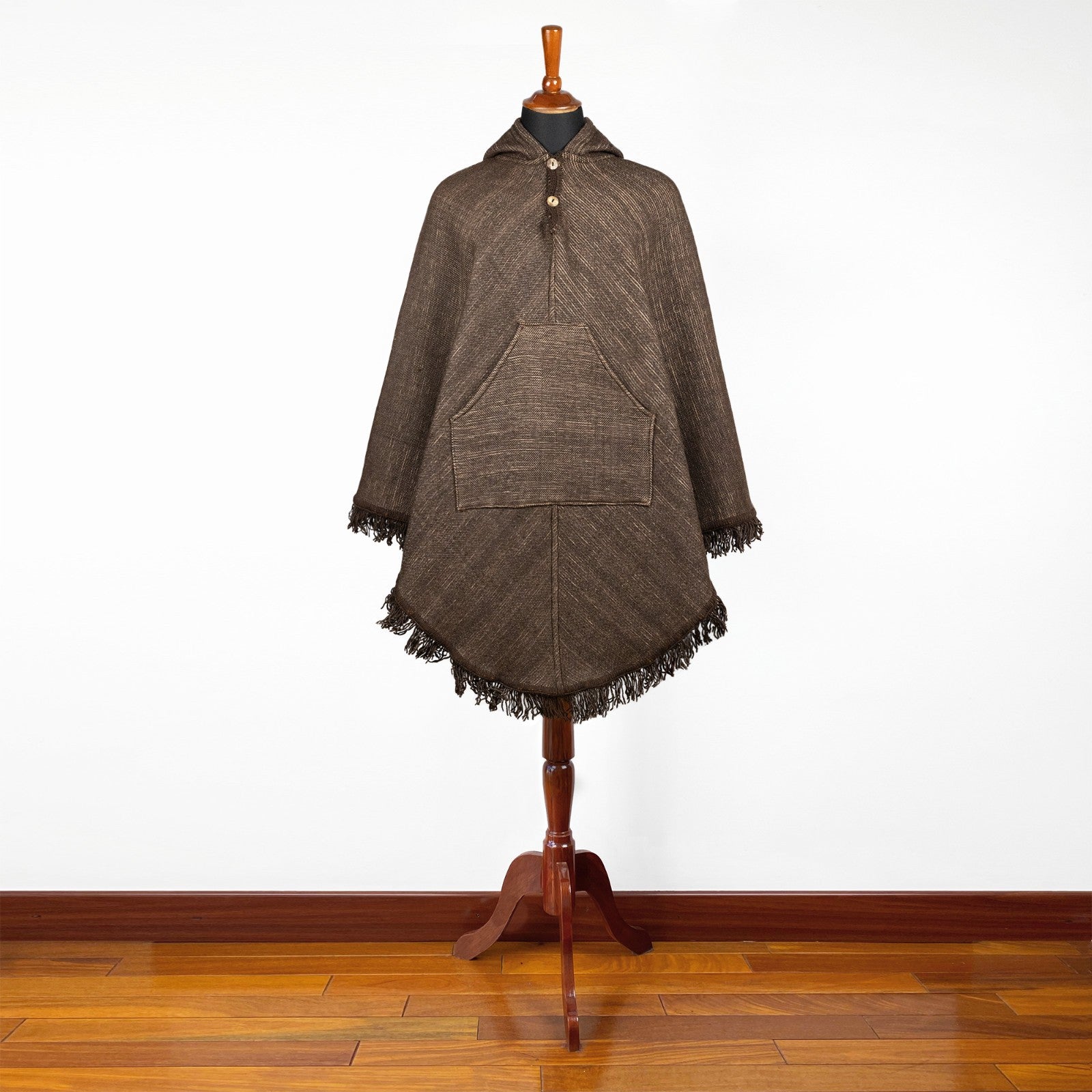 Chaska - 100% Llama Wool Handwoven Hooded Poncho – Earth Brown Pattern – Pocket - Unisex