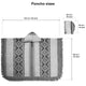 Poncho with a hood displayed flat, featuring geometric patterns and fringed edges. Dimensions: 133 cm wide, 88 cm long, hood is 35 cm tall, 25 cm deep. Text reads: Poncho sizes.