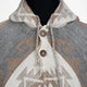 A woven garment shows geometric patterns in beige and gray. It features a hood and two large wooden buttons on the chest, presented against a plain white background.
