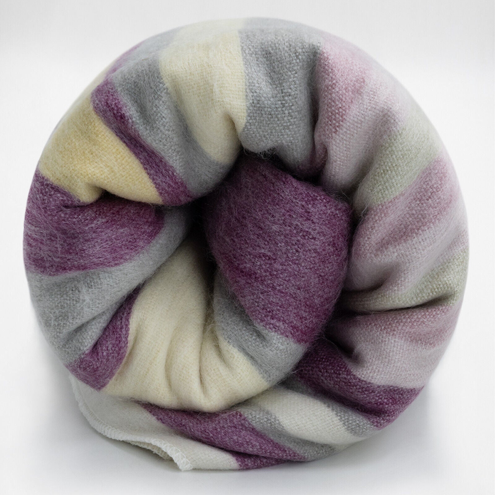 Saraguro - Baby Alpaca Wool Throw Blanket / Sofa Cover - Queen 96 x 67 in - Multicolor Striped in Plum, Lavender, Ivory, and Grey