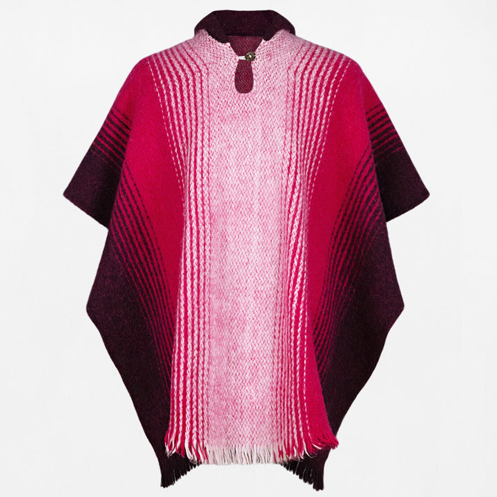 Pucaloma - Llama Wool Unisex South American Handwoven Hooded Poncho - pink-purple striped pattern