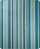 Imbabura baby alpaca wool blanket – vertical stripes in varying shades of blue, green, and purple fill the image. The pattern is consistent across a flat surface, creating a visually repetitive and colorful design