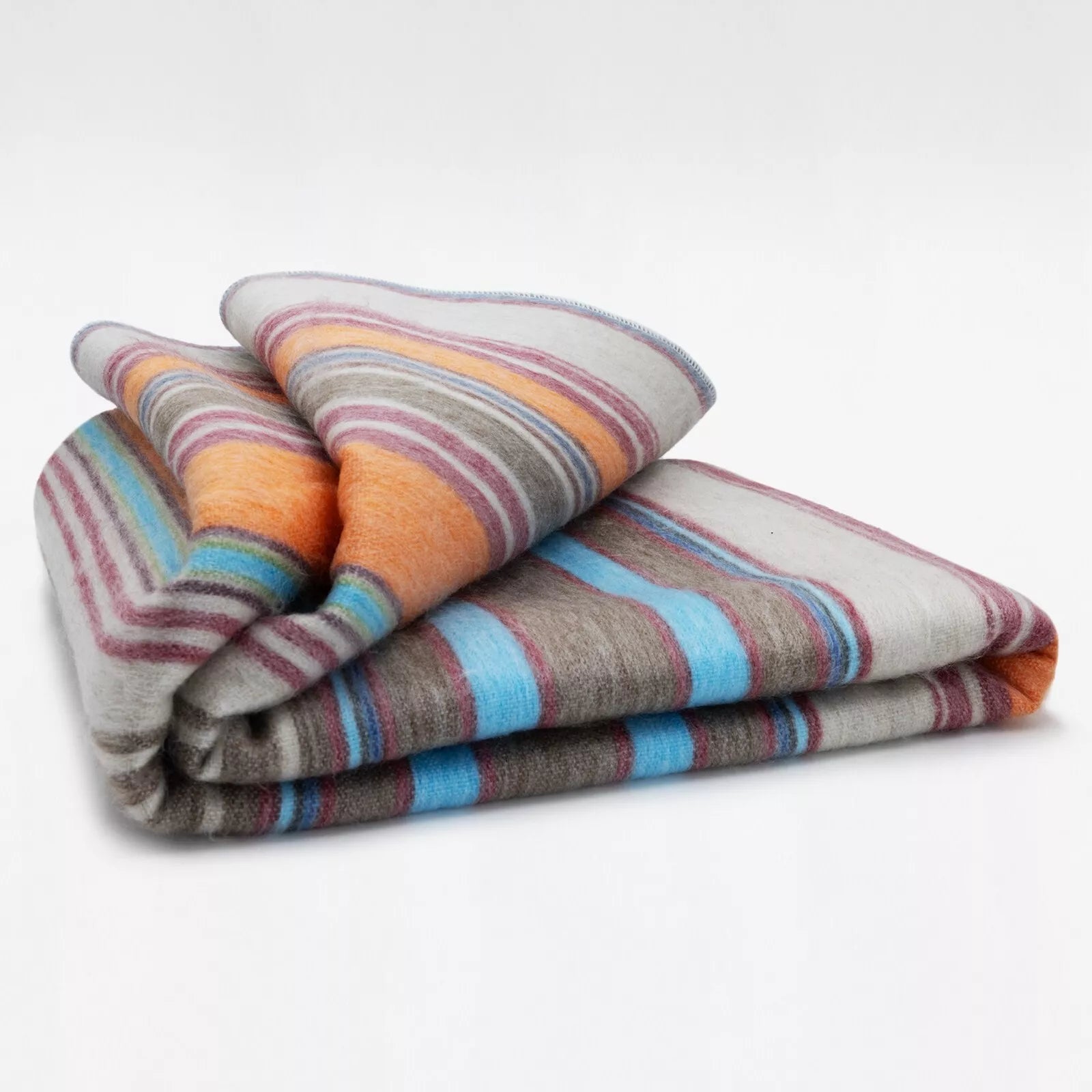 Yacullacta - Baby Alpaca Wool Throw Blanket / Sofa Cover - Queen 96 x 67 in - Multicolor Striped In Orange Blue Taupe